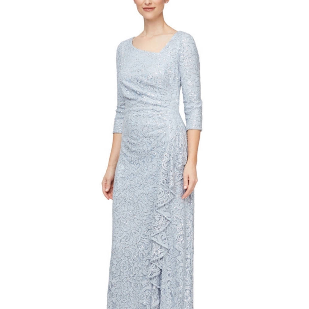 New! Alex Evenings Women's Lace and Sequin Cascade Ruffle Dress size 10P